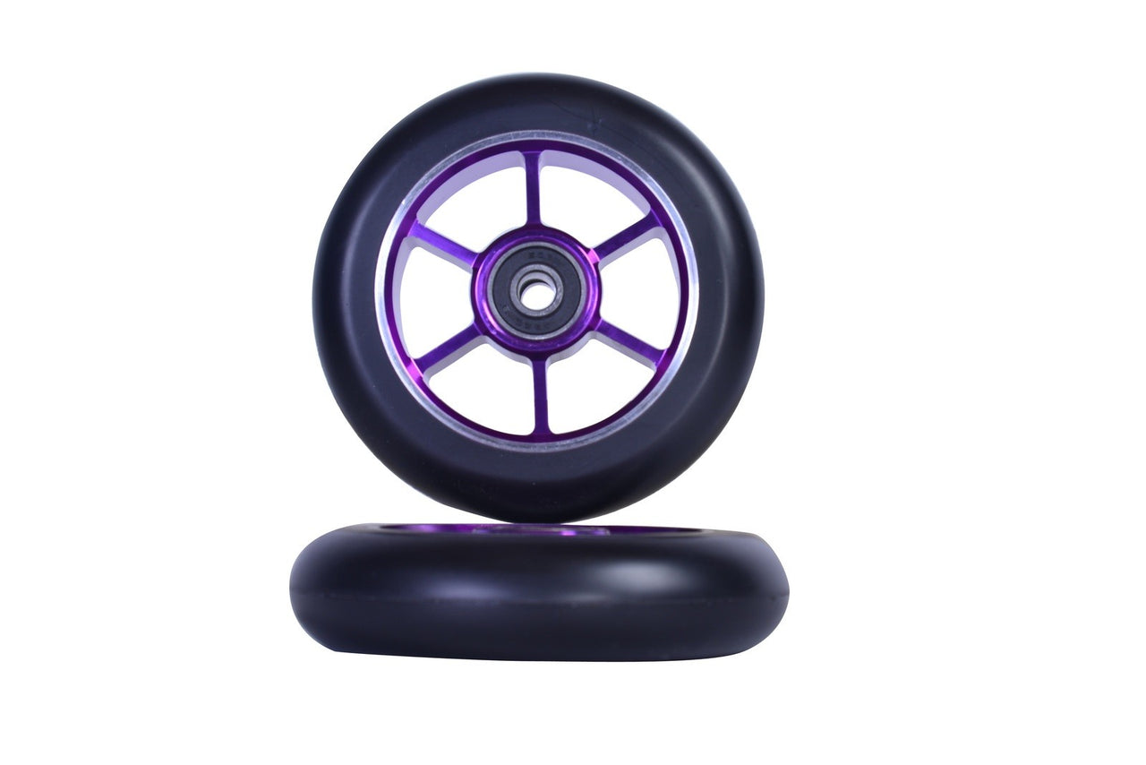 6 Spoke Scooter Wheels Pair Black/ano Purple Core 100mm