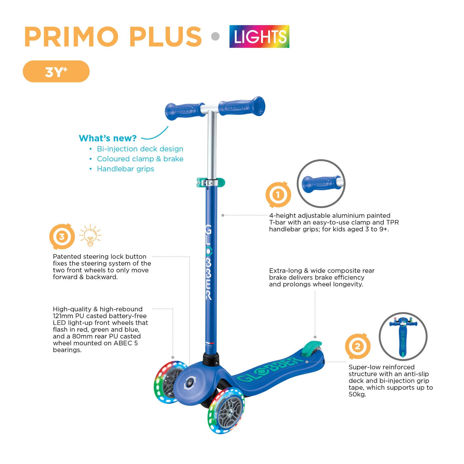 Globber Primo Plus With Lights Navy Blue/emerald Green 3 Wheel Scooter