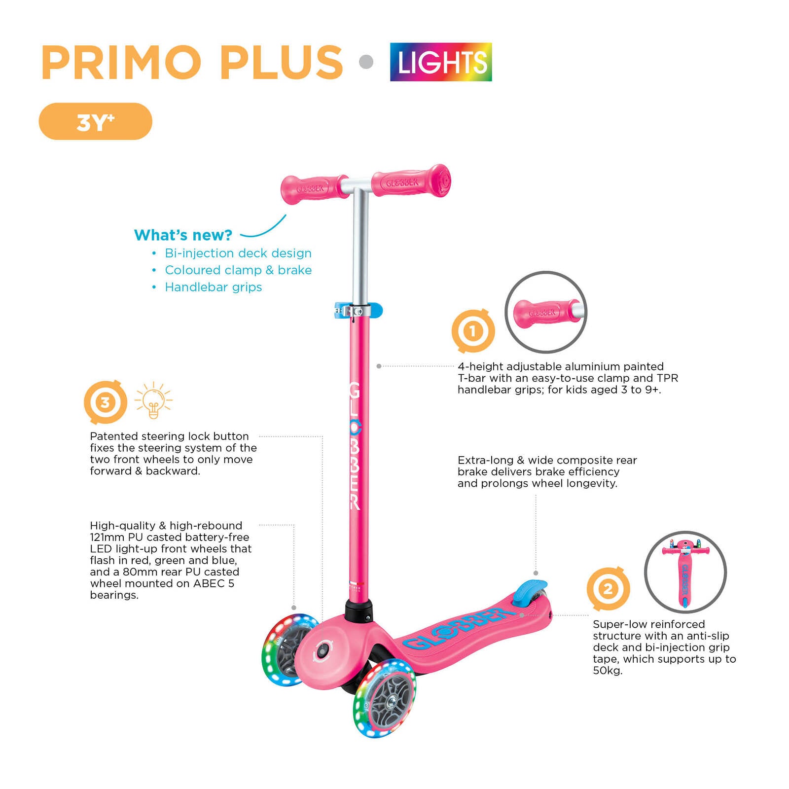 Globber Primo Plus With Lights Fuchsia Pink/sky Blue 3 Wheel Scooter