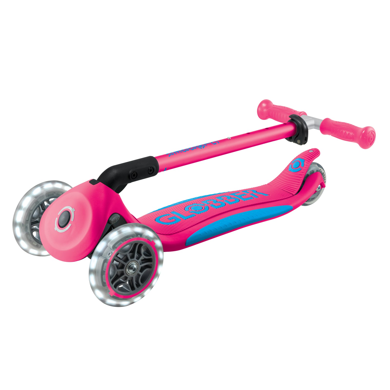 Globber Primo Fold Plus Lights 3 Wheel Scooter V2 [col:fuchsia Pink/sky Blue]