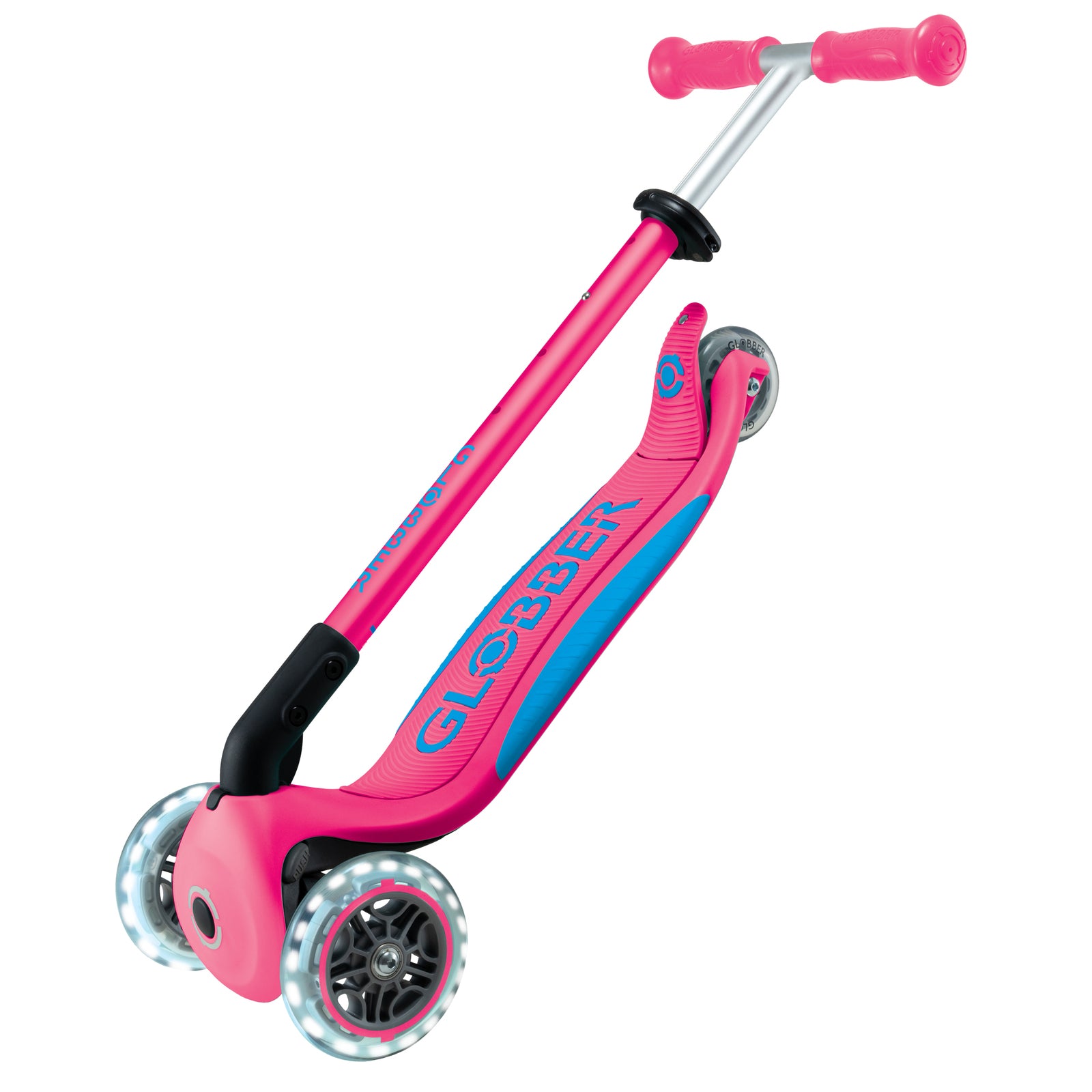 Globber Primo Fold Plus Lights 3 Wheel Scooter V2 [col:fuchsia Pink/sky Blue]